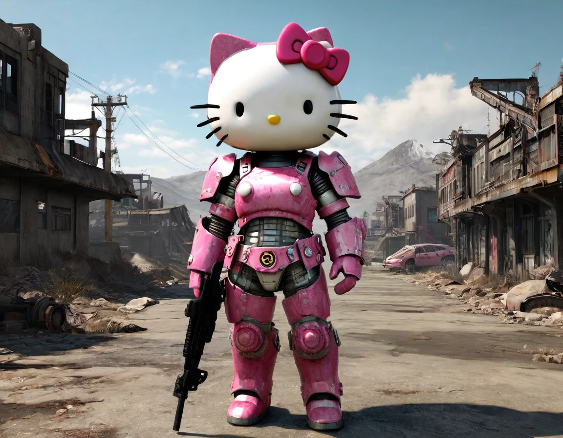 High Resolution, High Quality , Masterpiece. Hello Kitty in Brotherhood of Steel power armor, recognizable pink bow, anime-post-apocalypse "Fallout" style blend, brandishing a firearm with an angry expression, her visage marked by scars, set against a convoluted wasteland backdrop, hyper-realistic details, octane render, imbued with ambient cinematic qualities, boasting an epic composition, creative, elegant, atmospheric, balanced, pristine, gorgeous. ultra fine, brilliance of the stance against an inspired backdrop