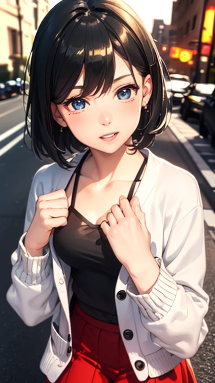 A girl is posing for a photo,pretty girl,Enchanting girl,Anime Girls,
(((One Girl,Baby Face,16 years old))),
BREAK
((Red flared skirt、Black camisole、Cream sheer cardigan:1.4))、
BREAK
((Black Hair)), ((very short cropped hairstyle, extremely short all over, long bangs, spiky, feminine))
(Drooping eyes,blue eyes),(Small breasts),
BREAK
(Beautiful Hair,Shiny Hair),
(Expression of fine eyes,Beautiful and delicate eyes,Sparkling eyes,Eye Reflexes),
(double eyelid,Long eyelashes),
(Beautiful Nose,Thin Nose),
(Glossy lips,Beautiful Lips,Thick lips),
(Symmetrical facial features,Perfect Face),(((Detailed skin,Oily skin,Textured skin,Beautiful Skin))),
BREAK
(laughing expression, mouth wide open, teeth visible, eyes crinkled, head tilted back),
((noon、Downtown sidewalk:1.4、sunlight、street tree)),((Turn body towards viewer、Cowboy Shot)),
BREAK
(((highest quality)),((masterpiece)),((Very detailed))),((High resolution),(8k),(16k,1080p),(Anime 2D Rendering)),(Anatomically correct),
((Realistic)), (The best CG),Highly detailed art,CG illustration,