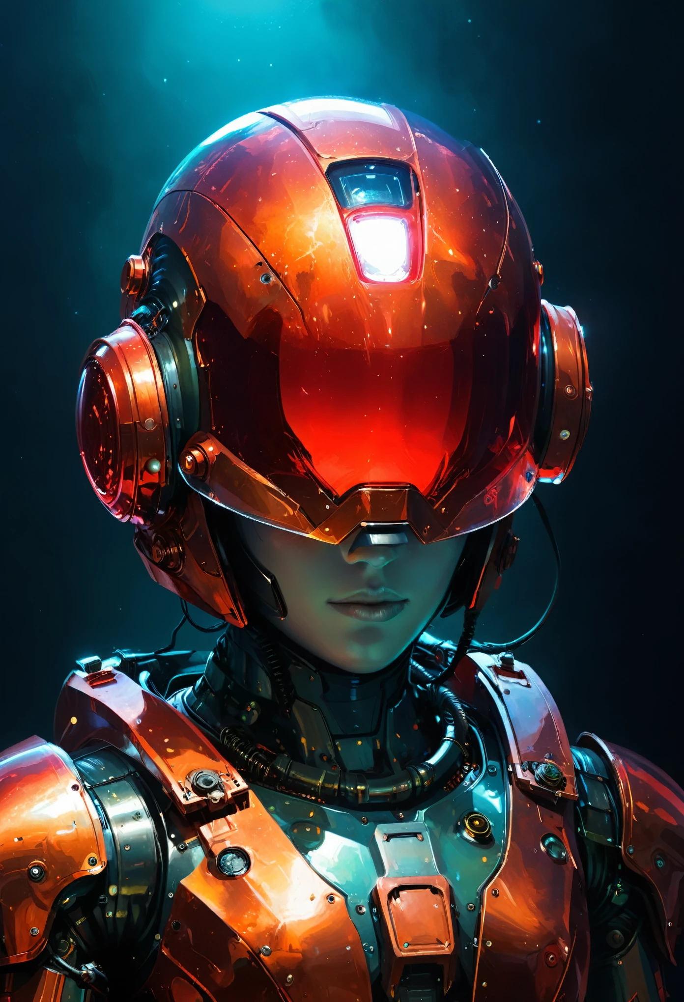Space art galaxy landscape, concept art, vector, high quality, check the detail information, Unreal Engine, Octane Rendering, Ultra high quality, Ultra-high resolution, Surrealism, painting , drawing by Conrad Roset close up , (detail mechanical eyes:1.5),reflections on helmet a giant robot (glowing red neon glass transparent helmet:1.8),bioluminescence,fluorescent helmet, the robot is aged with moss on its rusty bronze armor, night, moonlight shadows, dramatic lighting , gradient pop surrealism , BREAK Detailed,(darkness:1.3),(very detailed shadows:1.3),absolute shadows,absolute darkness,body silhouette,