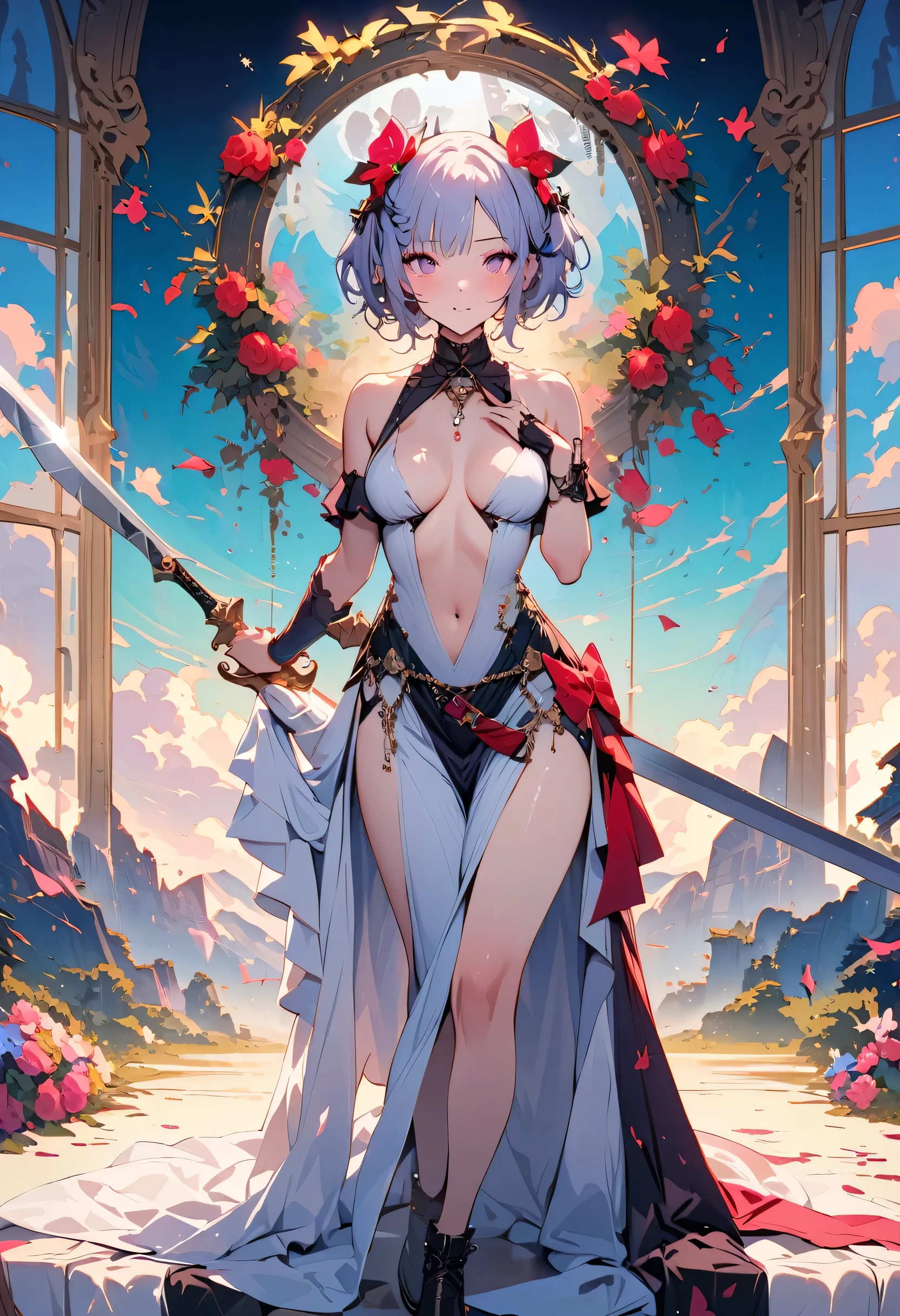 masterpiece, highest quality, Illustrations for novels, High resolution, 18+ Adult content, Sensual, Intimate, Emotional, Passionate, romantic, sweet, Adorable, Innocent, Pure, Fascinating, Fascinating, attractive, Mysterious, Fascinating, Fascinating, Immersive, Fascinating, dream-like, Surreal, Imaginative, Whimsical, artistic, Avant-garde, timeless, elegant, Sophisticated, chic, Sophisticated, Individuality, original, Fascinating,(Female Warrior:1.3),Swordsman、Holy sword、Large sword