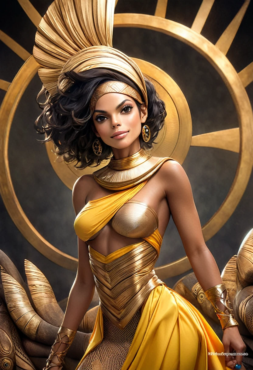 (melhor qualidade, 4k, 8k, high resolution, obra-prima: 1,2), ultra detalhada, (realista, fotorrealista, fotorrealista: 1,37),(melhor qualidade, realista), Mulher(Rosario Dawson como Ashoka Tano) (35 anos, Nigeriana, extremamente bonita, maquiagem afrofuturista)(Seductive African warrior) (Deusa), medidas((Busto 99cm), (cintura 66cm),quadril(95),(Altura perna 88cm), (entre pernas 68)), roupa (amarelo ouro, (typical nigeria), altamente detalhado), linda coroa,sorriso bonito, alegre no rosto, corpo perfeito, pernas musculosas, Uma Deusa, lighting directs to her. Ambiente ( umbral, umbralino,pantanoso, escuro ao fundo, lodo, arvores disformes), Expression hiper-realista melhor qualidade,obra de arte,ultra high resolution,(fotorrealista:1.4),foto crua,(Authentic leather texture:1.3),(film grain:1.3), (Expression)((corpo todo:1.3)) ((sorriso:1.3)) ,cinematic, excellent lighting), estilo cru, natural lighting, sombras sutis, rosto expressivo, cores frescas e vibrantes, cabelos fluindo com movimento, atmosfera arejada e leve, inspiradora e vibrante fortalecedora. - estilo cru, afrofuturismo