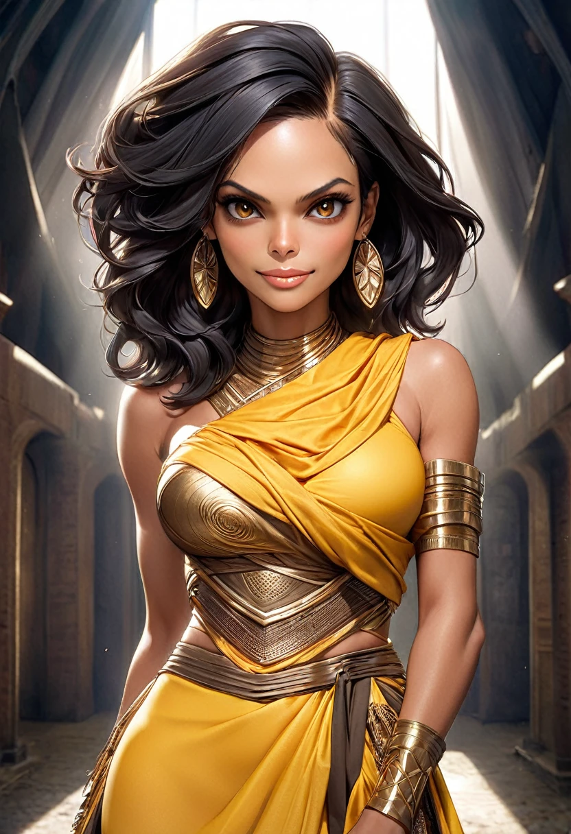 (melhor qualidade, 4k, 8k, high resolution, obra-prima: 1,2), ultra detalhada, (realista, fotorrealista, fotorrealista: 1,37),(melhor qualidade, realista), Mulher(Rosario Dawson como Ashoka Tano) (35 anos, Nigeriana, extremamente bonita, maquiagem afrofuturista)(Seductive African warrior) (Deusa), medidas((Busto 99cm), (cintura 66cm),quadril(95),(Altura perna 88cm), (entre pernas 68)), roupa (amarelo ouro, (typical nigeria), altamente detalhado), linda coroa,sorriso bonito, alegre no rosto, corpo perfeito, pernas musculosas, Uma Deusa, lighting directs to her. Ambiente ( umbral, umbralino,pantanoso, escuro ao fundo, lodo, arvores disformes), Expression hiper-realista melhor qualidade,obra de arte,ultra high resolution,(fotorrealista:1.4),foto crua,(Authentic leather texture:1.3),(film grain:1.3), (Expression)((corpo todo:1.3)) ((sorriso:1.3)) ,cinematic, excellent lighting), estilo cru, natural lighting, sombras sutis, rosto expressivo, cores frescas e vibrantes, cabelos fluindo com movimento, atmosfera arejada e leve, inspiradora e vibrante fortalecedora. - estilo cru, afrofuturismo