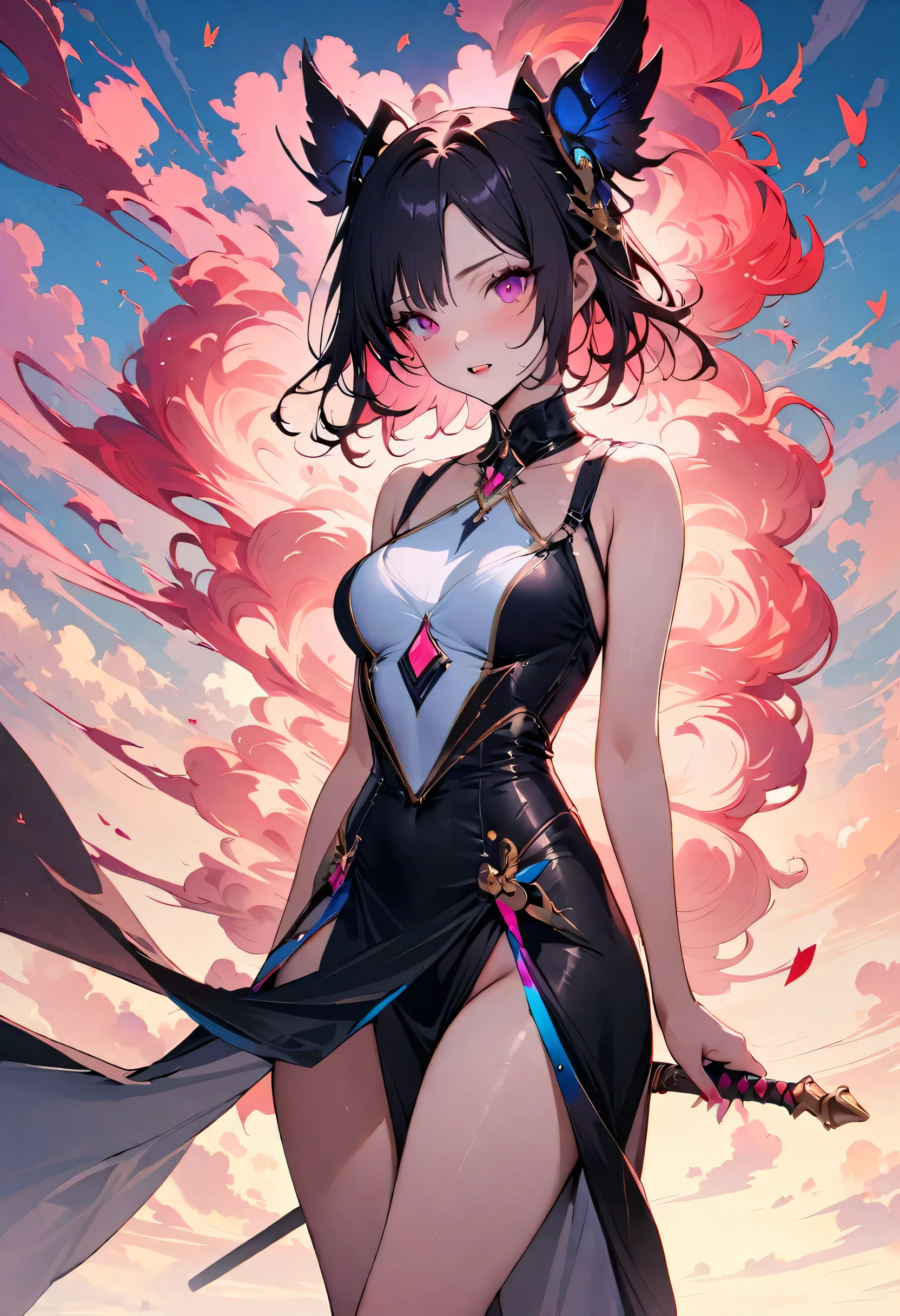 There is a woman in a cheongsam, 2 7 years old, 2 8 years old, 2 9 years old, 3 2 years old, delicate makeup, Ye Wen, 2 3 years old, round face, cute lian, gold tiara, pearl necklace, gems jewelry, jade hairpin, (exposed sideboob), clothes cutout, perfect thighs, detailed iris, sparkle eyes, star in eyes, enchanting jade eyes, (multicolored eyes), (heterochromia) (black hair:1.3), (floating hair:1.3), (hair between eyes), (hair over one eye:1.1), (wavy hair:1.1)