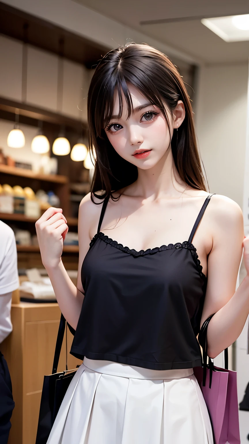 (Very delicate and beautiful:1.2)Mauve camisole、White Skirt、Beautiful young woman shopping、I