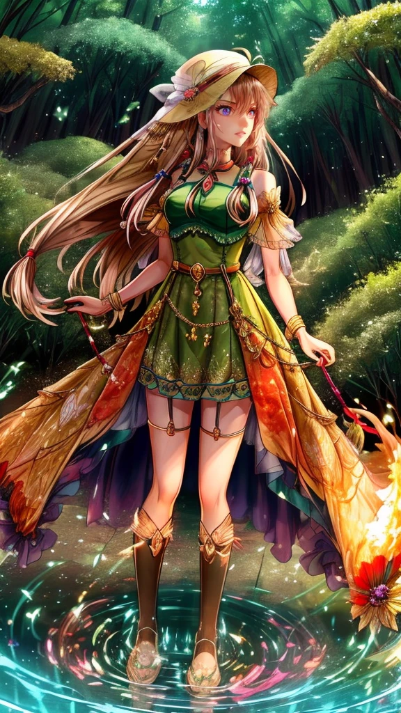 Create a mystic Fairy she look at us and wearing her long brown hair in dreadlock style, wearing green leaf dress, she standing in water and in her Background are Fire and forrest