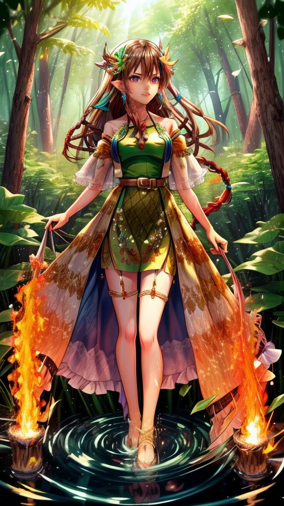 Create a mystic Fairy she look at us and wearing her long brown hair in dreadlock style, wearing green leaf dress, she standing in water and in her Background are Fire and forrest