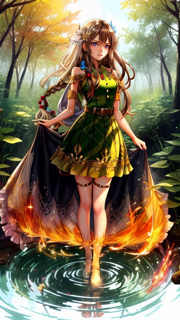 Create a mystic Fairy she look at us and wearing her long brown hair in dreadlock style, wearing green leaf dress, she standing in water and in her Background are Fire and forrest