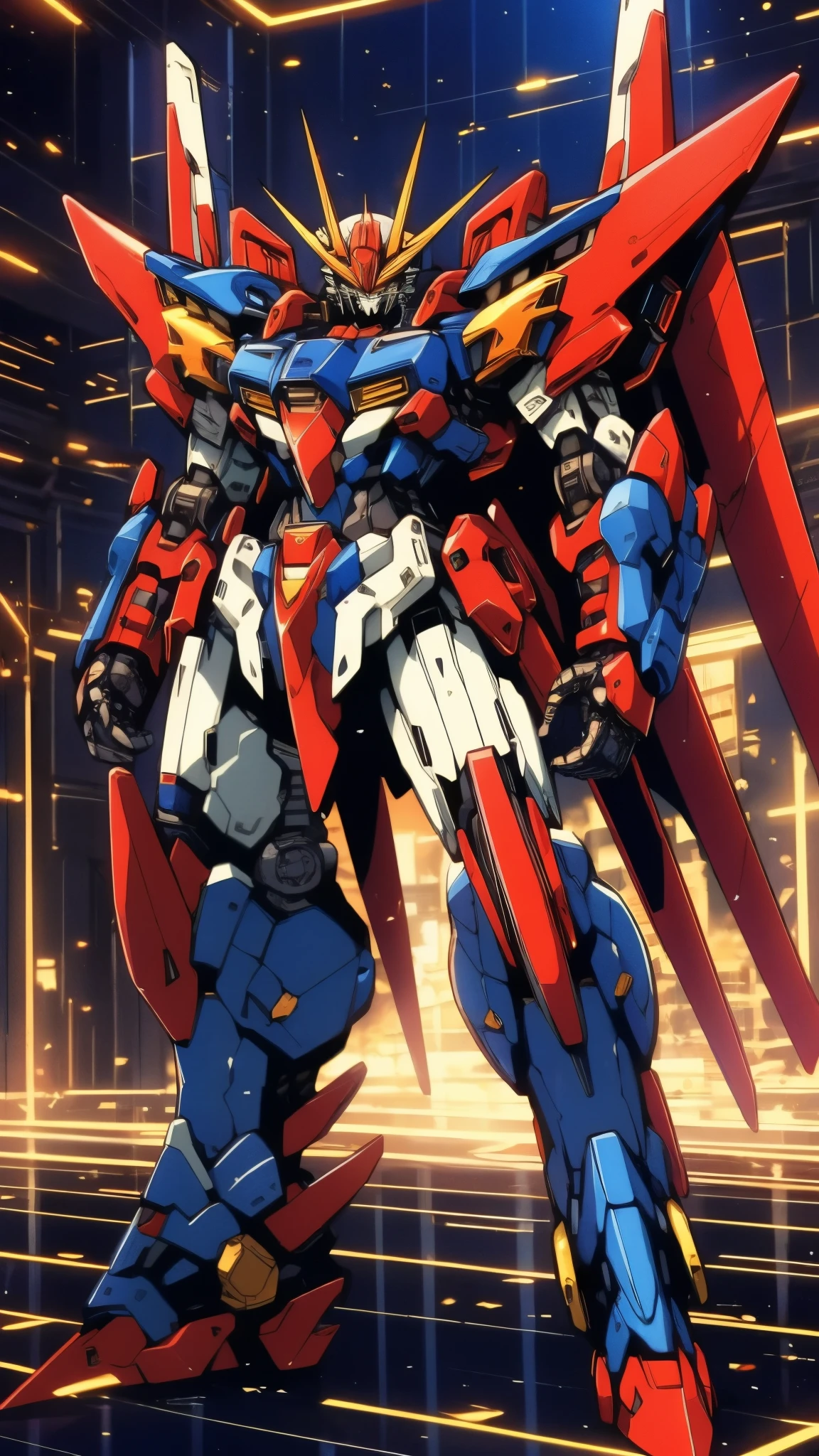Humanoid Mecha, fully enclosed shoulder guards, matching arm and leg guards, full body, full armor, super robot, the design balances heavy with agility, (the color scheme is primarily white with red and blue accents, the concept Inspired by super robot, composite layered chest armor, pose, standing, floating high above the futuristic sci-fi city), exquisite and mature art style, (aura effect, energy, glowing eyes, the armor glows), ((SRS)), metallic, dramatic, high definition, best quality, highres, ultra-detailed, ultra-fine painting, extremely delicate, professional, perfect body proportions, anatomically correct, symmetrical face, extremely detailed eyes and face, high quality eyes, creativity, RAW photo, UHD, 32k, Natural light, cinematic lighting, masterpiece-anatomy-perfect, masterpiece:1.5