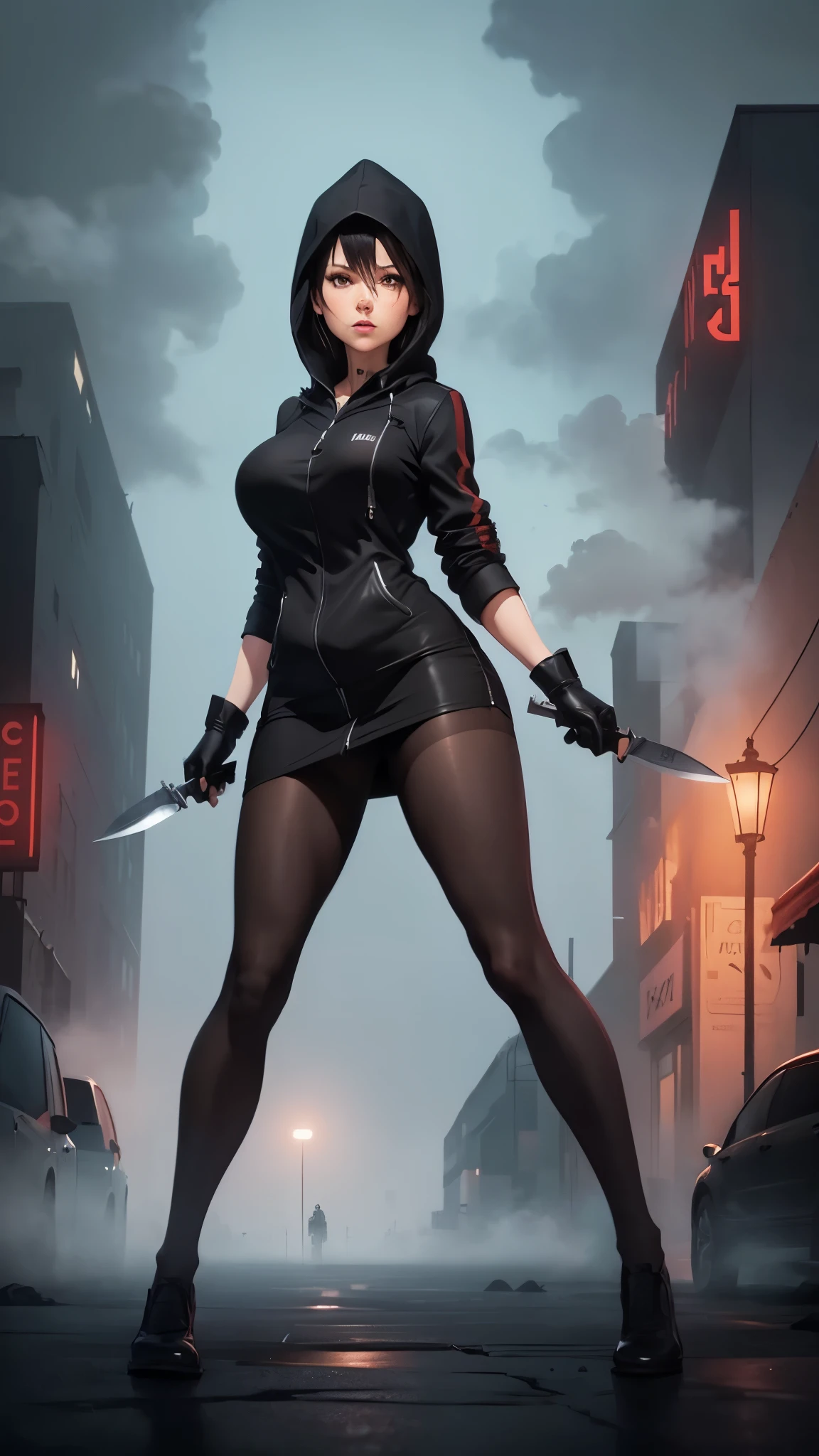Silent hill city, fog, huge boobs, huge hips, darkness woman black hair, full zip coat black, long polo shirt, pencil mini skirt, pantyhose, hood, gloves, knife, fog, strong stance,