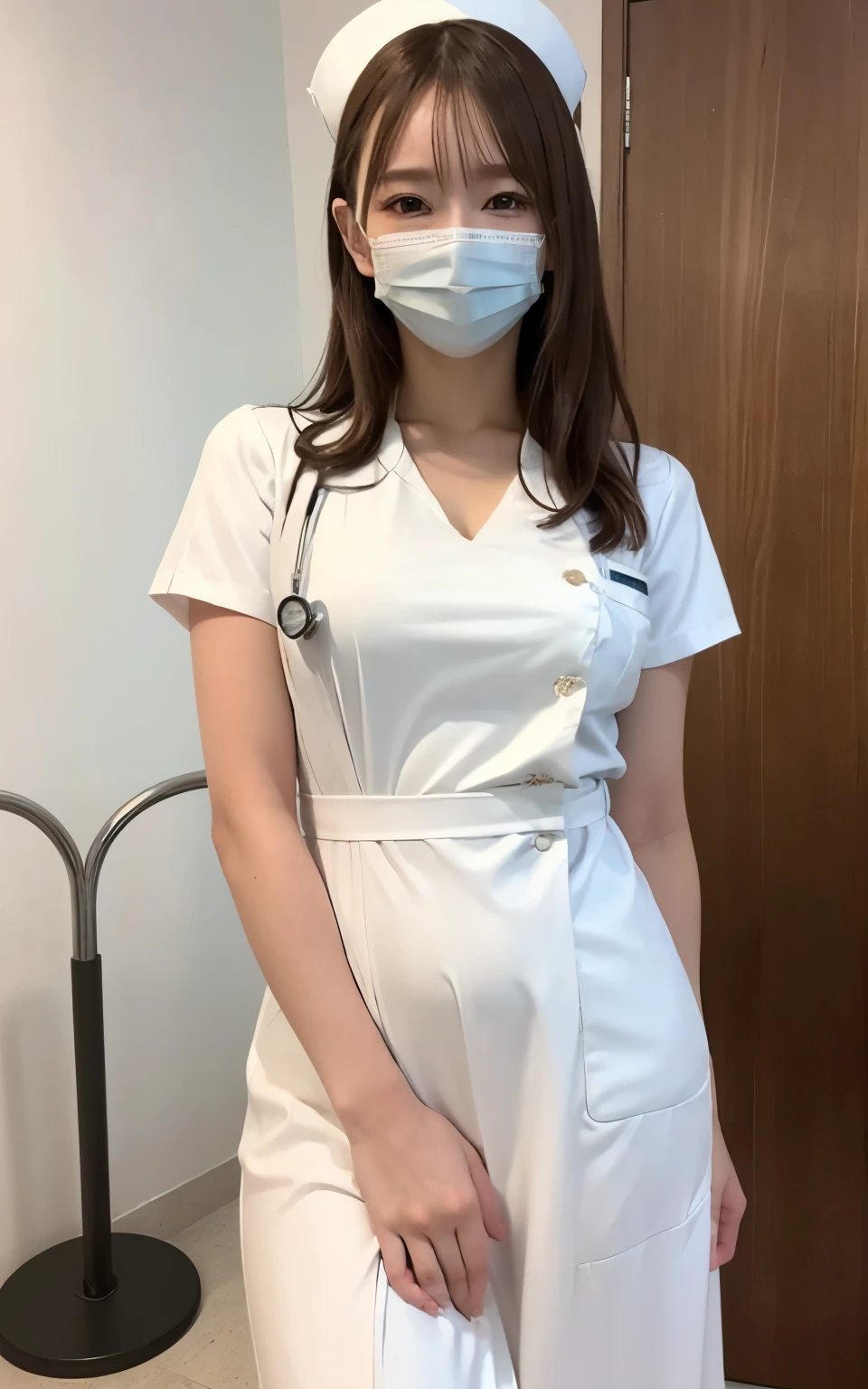 1 girl,(Wearing white nurse clothes:1.2),(RAW Photos, highest quality), (Realistic, photo-Realistic:1.4), masterpiece, Very delicate and beautiful, Very detailed, 2k wallpaper, wonderful, finely, Very detailed CG unity 8k wallpaper, Very detailed, High resolution, Soft Light, Beautiful detailed girl, Very detailed eyes and face, Beautiful and detailed nose, finely beautiful eyes, nurse, Perfect Anatomy, Black Hair, Upstyle, nurse uniform, ((mask)), Long skirt, nurse, White costume, thin, hospital, clear, White Uniform, hospital room, Neck auscultation,Bobcut