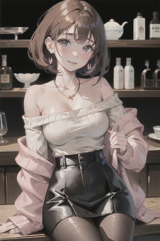 Cute Japanese woman、An illustration、Fair skin、Brown Hair、Bob、E Cup、((Pink off-shoulder knit sweater))、pantyhose、pumps、Earrings、necklace、smile、((blush))、The whole body is shown、bar、A shelf filled with liquor