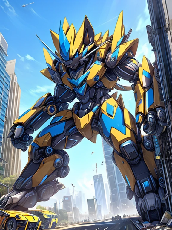 Massive mechanical zeraora rampage through a city, crushing buildings and vehicles beneath their unstoppable metal frames, masterpiece, official art, 8k, best quality, highly detailed, terrifying and imposing design, 
high-tech bio-mecha armor, metallic, real texture material, 