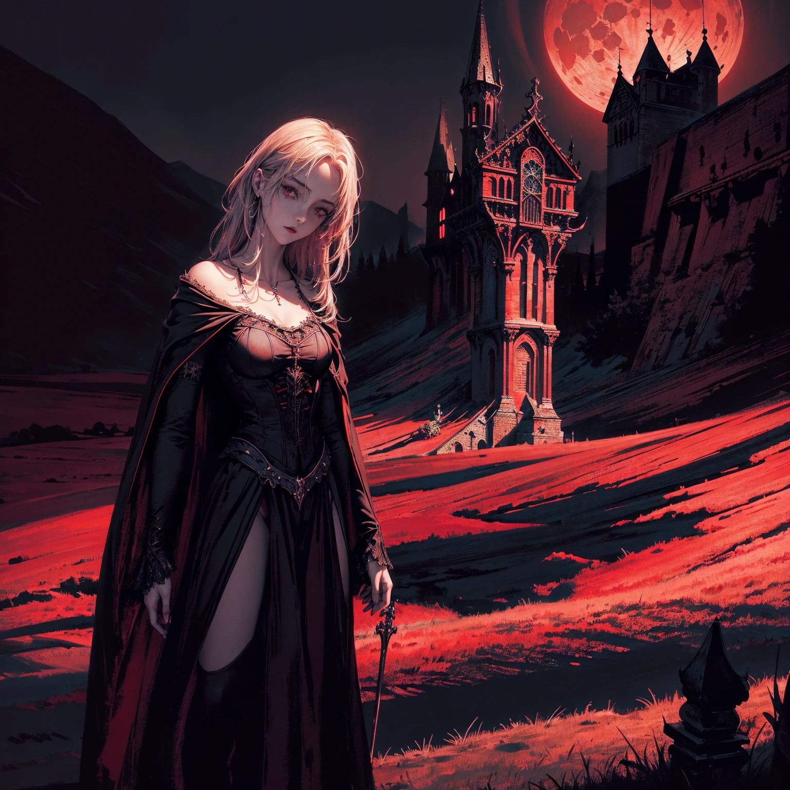 best quality, 4k, High resolution, masterpiece:1.2, Extremely detailed, Practical:1.37, Mood lighting, girl, Crucified, Pitch black sky, Red Moonlight, Weird atmosphere, Gothic style, Unforgettable beauty, Dramatic shadows, Ethereal Light, Mysterious atmosphere.