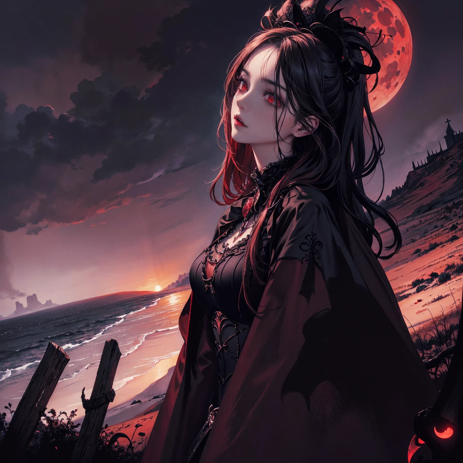 best quality, 4k, High resolution, masterpiece:1.2, Extremely detailed, Practical:1.37, Mood lighting, girl, Crucified, Pitch black sky, Red Moonlight, Weird atmosphere, Gothic style, Unforgettable beauty, Dramatic shadows, Ethereal Light, Mysterious atmosphere.