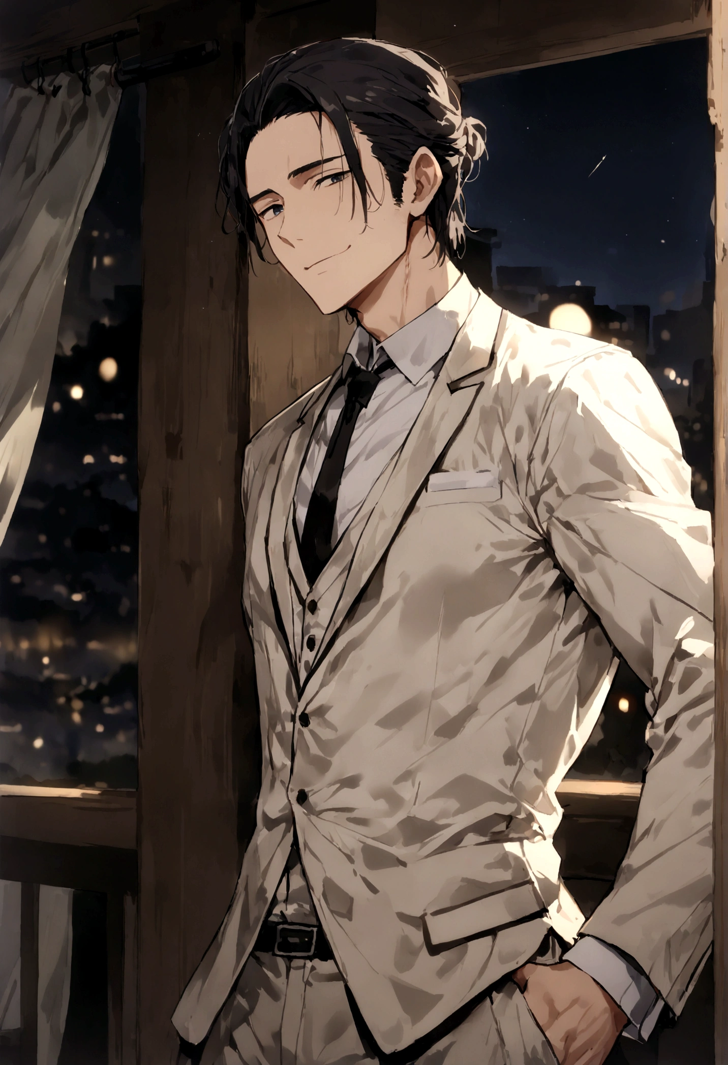 (Handsome man: 1.4), White shirt, Short black hair, Delicate face, Fair skin, Formal attire, ((nightの路上で: 1.4)), night, Dilapidated, Nobody, 8kg HD Images, Masterpiece-level high-quality images,ryokan、Greet with a smile