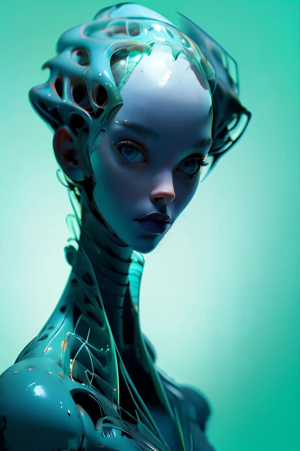 (masterpiece, best quality, digital illustration), 1 alien cyborg, looking at viewer, Latex Face, visible brains, transparent scalp, neon_outlines, neon lights, full black eyes, high-tech, CyberpunkAI, (surreal, intricate, abstract), movie still, upper body, swirl, grey-alien, (centered, symmetrical:1.4)