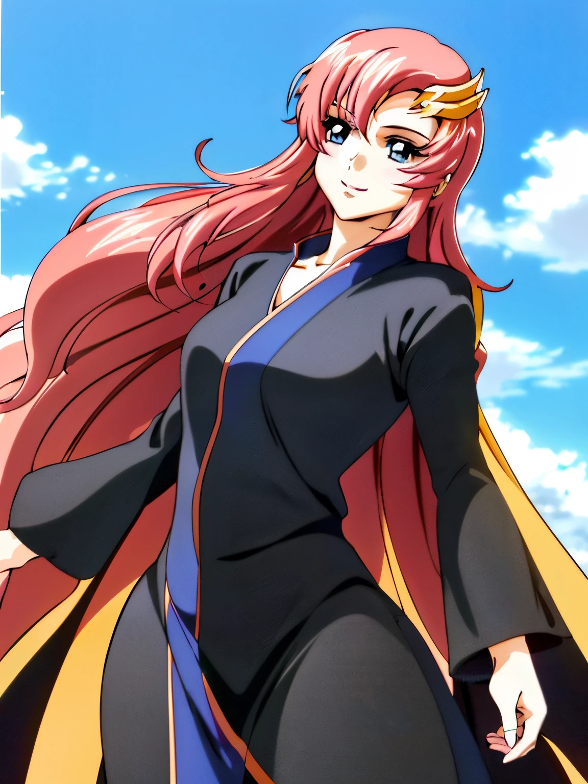 lacus4, (thin girl, masterpiece, cowboy shot, 4K, Best Quality, Anime style: 1.9, happy, tall woman, Adult Woman, (Crowd, cloud background), Drawing lines, high resolution, lacus4), 1girl, Solo, curvy figure, clavicle, scapular, (slim arms), large hands, (Detailed wide hair bangs, Hair Ornament, Detailed reddish-pink hair, shiny streaks, slim arms, detailed golden crest, long hair). (Big blue eyes, shiny eyes), ((female wrestler, (slim body), slim arms, closed fists)), ((perfect proportions)), ((black long abaya, black long abaya)), smile with a wink, (standing, hot colors), detailed fingers, 