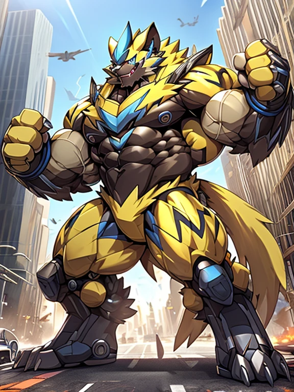 Massive mechanical zeraora rampage through a city, crushing buildings and vehicles beneath their unstoppable metal frames, masterpiece, official art, 8k, best quality, highly detailed, terrifying and imposing design, 
high-tech bio-mecha armor, metallic, real texture material, (ZERAORA, 8K), (gigantic muscles, Gigachad Muscular, big muscle, pecs, triceps, traps, unusually developed muscular body, body full of huge muscles. showing off muscles, pectorales enormes, Exaggeratedly huge muscles.)