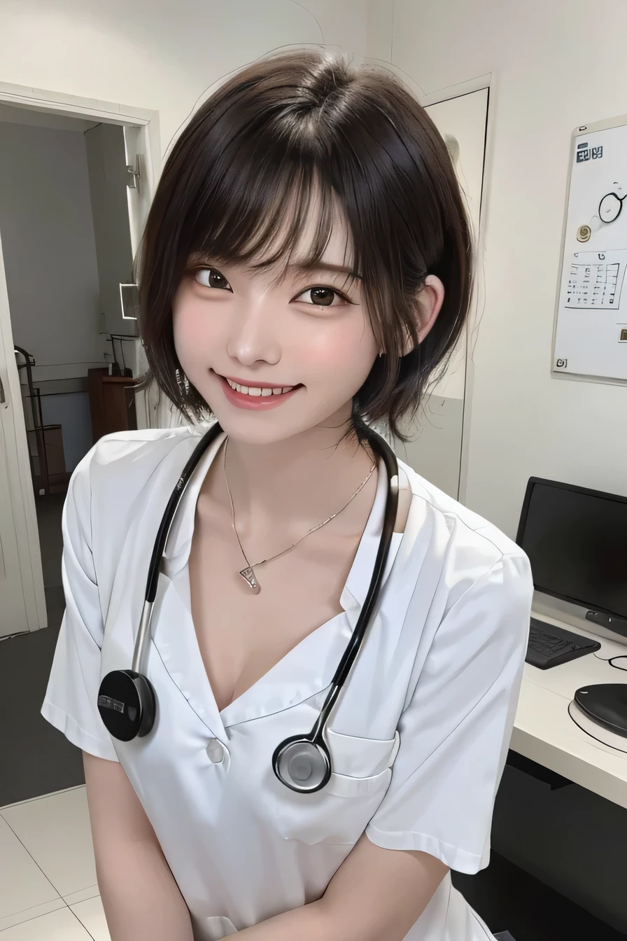 205  ((short hair)), 20-year-old female, Surrealism, Flower Smile、Gums are visible、Beautiful teeth alignment、Black Hair、ear piercing、Necklace around the neck、white、Stethoscope、Smiling with teeth showing、The background is in the room、