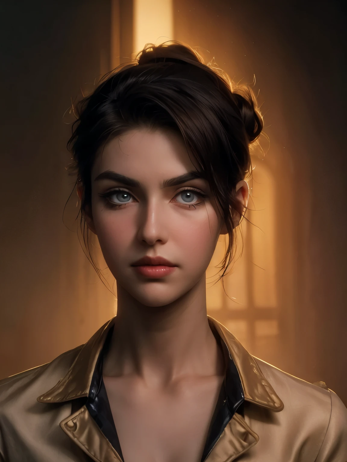 ((( portrait))) of beautiful brunette (female) in her 30s ,mature look, (small mouth) but (thick kissable lips), shy gaze, ((((tiny snob nose)))) ,( prefect shaped eyes),((golden eyes)) ,long eyelashes, eyeliner ,((( thick eyebrows))) , charming, cute ,  ((( sleek slicked back hair bun ))), ( black hair), fair skin, modern look, stylish , classy,  wearing Unbuttoned classic shirt, clivage ,  Castlevania style