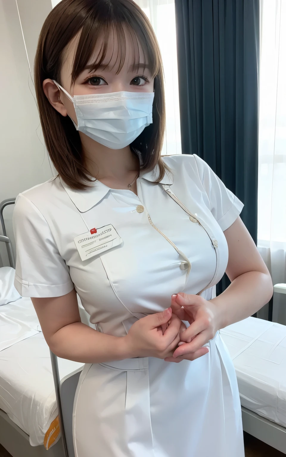 1 girl,(Wearing white nurse clothes:1.2),(RAW Photos, highest quality), (Realistic, photo-Realistic:1.4), masterpiece, Very delicate and beautiful, Very detailed, 2k wallpaper, wonderful, finely, Very detailed CG unity 8k wallpaper, Very detailed, High resolution, Soft Light, Beautiful detailed girl, Very detailed eyes and face, Beautiful and detailed nose, finely beautiful eyes, nurse, Perfect Anatomy, Black Hair, Upstyle, nurse uniform, ((mask)), Long skirt, nurse, White costume, thin, hospital, clear, White Uniform, hospital room, Neck auscultation,Bobcut