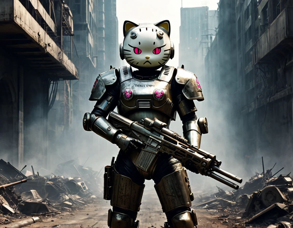 High Resolution, High Quality , Masterpiece. Hello Kitty clad in "Brotherhood of Steel" power armor, anime-style realism meets post-apocalypse aesthetic, recognizable pink bow, gripping a firearm with a fierce countenance beside an omnipresent, confusing wasteland, scars of battle etched upon the armor, intricacy elevated to a masterpiece, ambiance of a Steven Spielberg epic, 4K resolution, sharp focus on character, diodes emitting light amid smoke and gorgeous. ultra fine, brilliance of the stance against an inspired backdrop