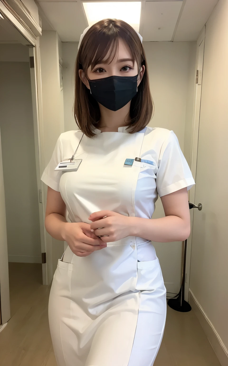 1 girl,(Wearing white nurse clothes:1.2),(RAW Photos, highest quality), (Realistic, photo-Realistic:1.4), masterpiece, Very delicate and beautiful, Very detailed, 2k wallpaper, wonderful, finely, Very detailed CG unity 8k wallpaper, Very detailed, High resolution, Soft Light, Beautiful detailed girl, Very detailed eyes and face, Beautiful and detailed nose, finely beautiful eyes, nurse, Perfect Anatomy, Black Hair, Upstyle, nurse uniform, ((mask)), Long skirt, nurse, White costume, thin, hospital, clear, White Uniform, hospital room, Neck auscultation,Bobcut
