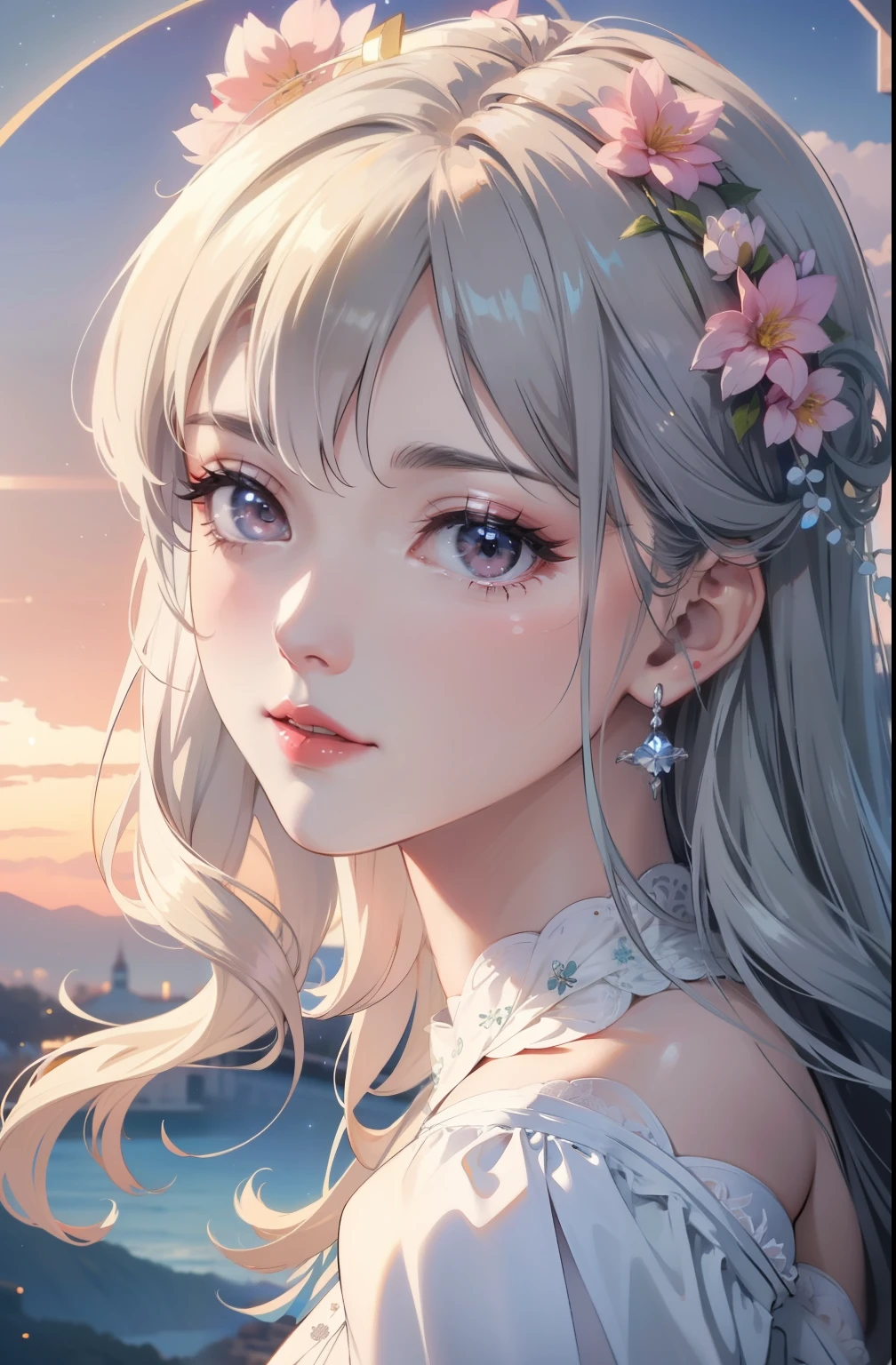 Ethereal Vampire, Soft and fair skin, white hair, White eyes, pink corset, White tights, High Leg Raise, Bubble Butt, Long skirt, Starlight, Marshmallow, ta Fashion, thigh, art station, Hot, Ultra high quality, 4k, Detailed anatomy, (shiny skin), ((Oily skin)), Dramatic Lighting, High contrast, Kawaii, Skin indentation, Beautifully, 高品质Unreal Engine 5, beautiful , hyper-realistic style, Delicate face, floral accessories, Soft background color, Artworks by Sakimichan, exposed, Unreal Engine 5, Movie, Color grading, Portrait Photography, Ultra wide angle, Depth of Field, Ultra Detailed, beautiful顏色編碼, Crazy details, Intricate details, Beautifully色彩分級