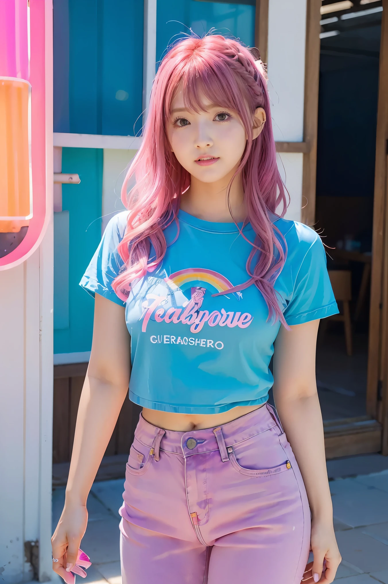 anipoma1,(masterpiece, best illustration, best manga), solo, 1girl, violet eyes, (shiny skin, soft hair), (holding a milkshake), freckles, (bright pink two tone hair:1.3), (wearing a led zepplin tshirt, denim jeans), (extreme light and shadow, volumetric lighting, rim lighting), (daylight:.5), (rainbow lights, light leak), (seductive, smirk), (solo), mangadusk1, manwha1