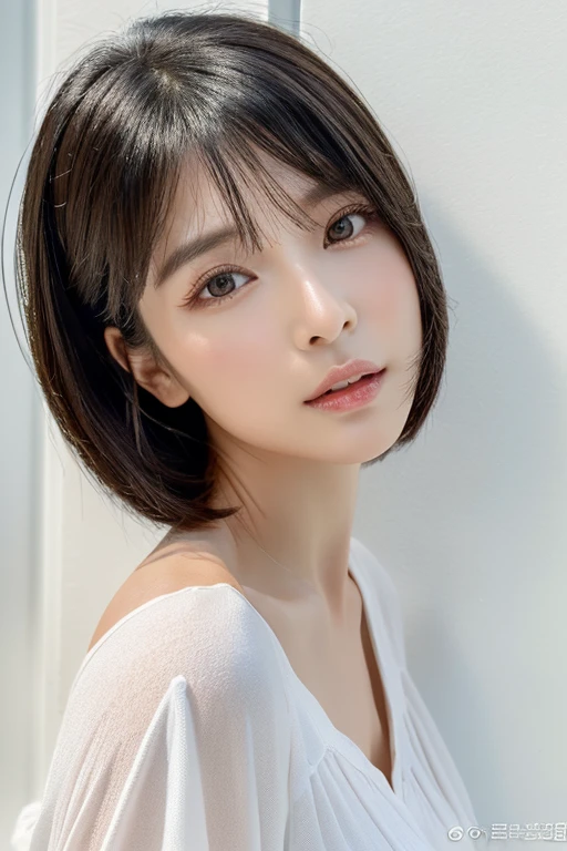 Stylish short sleeve top、Silky Hair、30-year-old woman(背景にWhite wall、Straight hair:1.4)、White wall、In front of the white door、(窓のあるWhite wallの部屋)、((highest quality、8k、masterpiece:1.3))、Ultra-high resolution、(photoGenuineistic:1.4)、RAW Photos、Japanese,(detailed aspects)、Genuine、Photographed in natural light、Highly detailed face and skin texture、Highly detailed lips、The correct state of the human body、Medium Hair、Black Hair、Mr..々Pause、Natural color lip、Shiny Hair、Don'Don'Don't look at the camera、profile