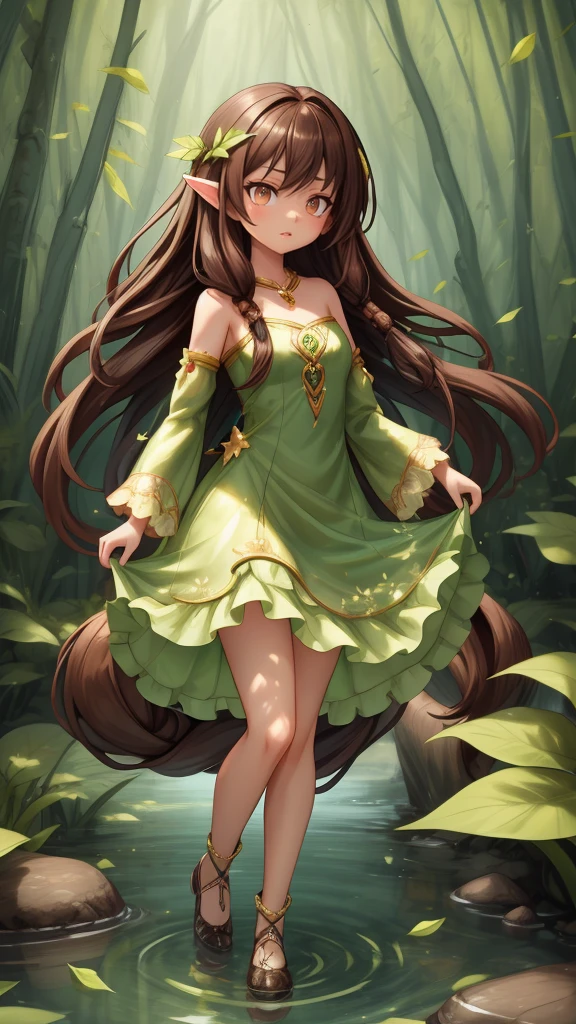 Create a mystic Fairy she look at us and wearing her long brown hair in dreadlock style, wearing green leaf dress, she standing in water and in her Background are Fire and forrest