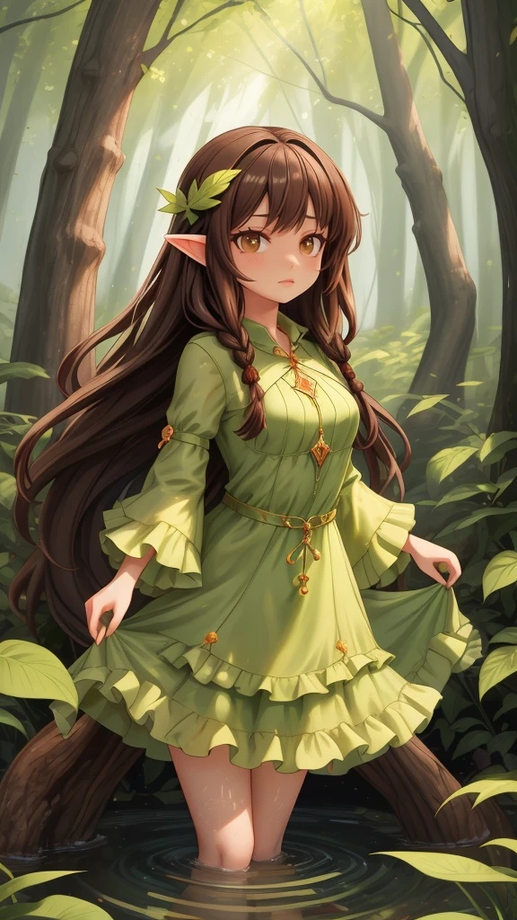 Create a mystic Fairy she look at us and wearing her long brown hair in dreadlock style, wearing green leaf dress, she standing in water and in her Background are Fire and forrest