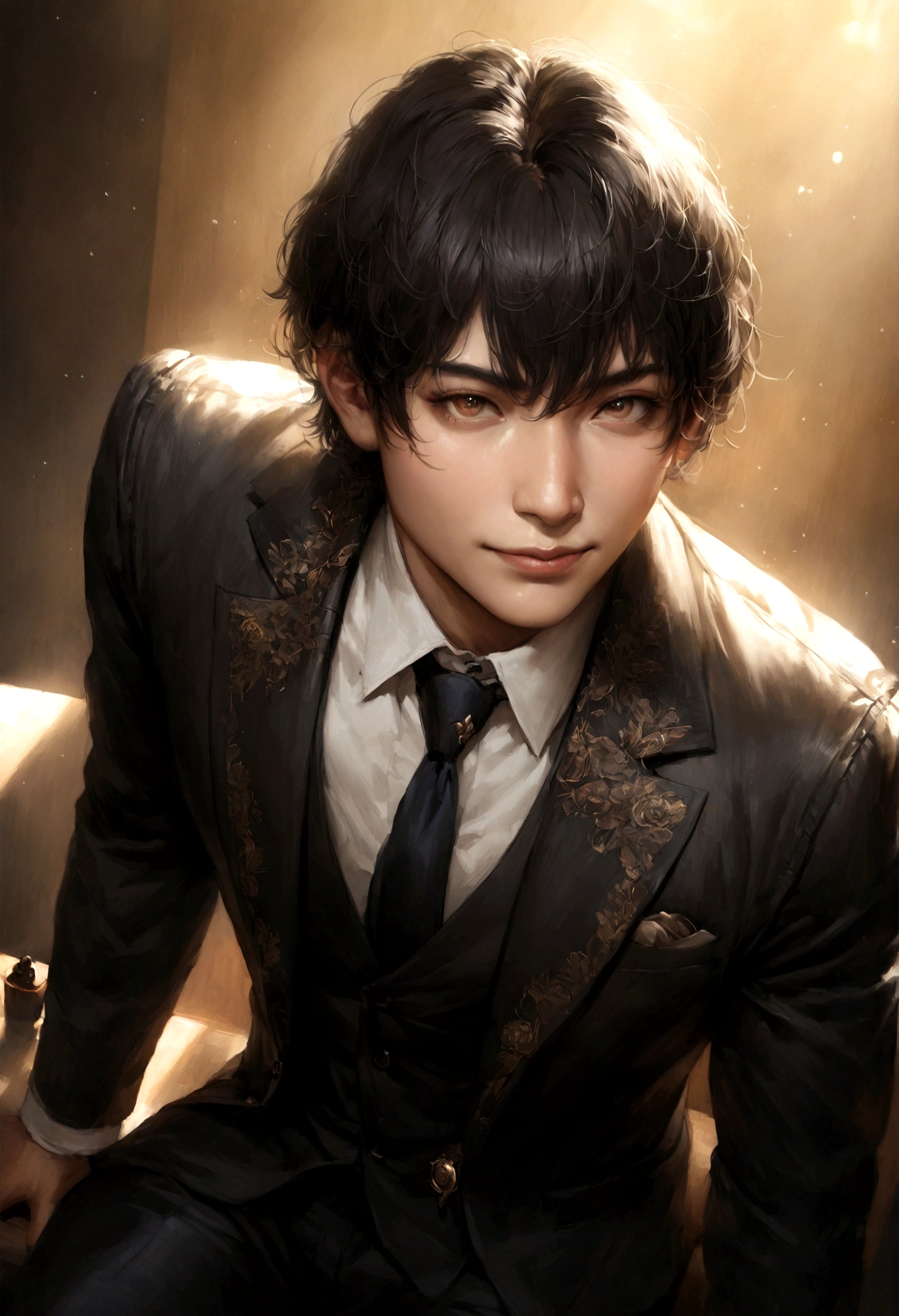 Japanese Asian Man, 7:3 parting hair,Short Hair,Hair is long enough not to cover the ears,スーツにtieと着用 フィット感と素晴らしい姿勢, Wearing a suit, asian boy, Sparkling style, (((Realistic))), (Super original), field, Sitting in a cafe waiting, Pose in front of the camera, Height 180cm, Weight 69kg, Dashing, good looking, aggressive, elegant, rich, Influencer, Stay calm and focused, smile, Ultra-detailed, Soft Light, model facing forward, Sunlit, No wrinkles, Focused Expression,The eyes are double,(((とてもRealistic))),((highest quality)),(High resolution),(Detailed face),Shohei Ohtani 50%,Ryunosuke Kamiki 30%,(((Real skin type))),Attention to detail,1 male,good looking,Sturdy yet sophisticated look,Fair skin with boy-next-door charm,Exact details,Slim fit trousers,tie,22 years old,The suit is navy blue