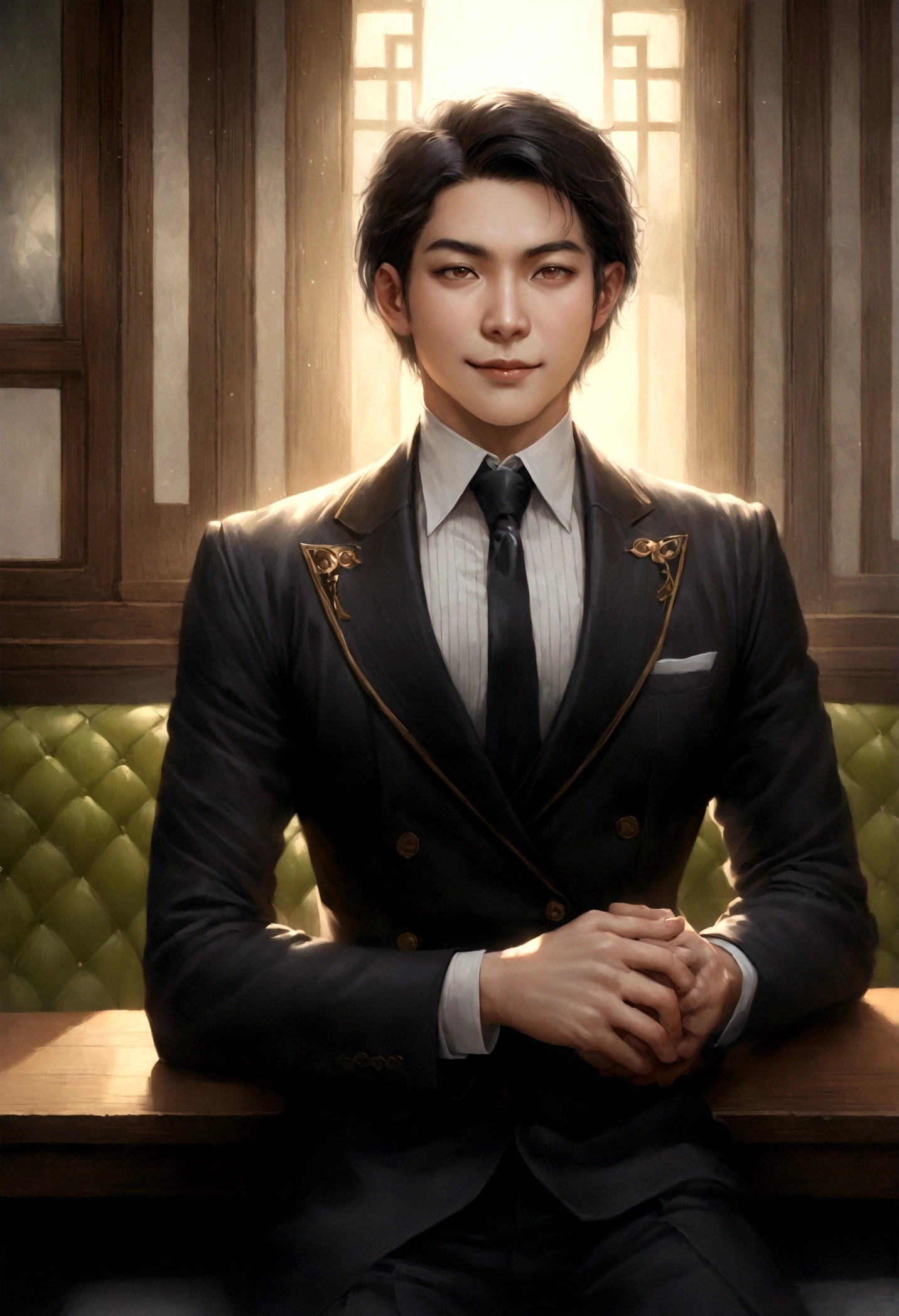 Japanese Asian Man, 7:3 parting hair,Short Hair,Hair is long enough not to cover the ears,スーツにtieと着用 フィット感と素晴らしい姿勢, Wearing a suit, asian boy, Sparkling style, (((Realistic))), (Super original), field, Sitting in a cafe waiting, Pose in front of the camera, Height 180cm, Weight 69kg, Dashing, good looking, aggressive, elegant, rich, Influencer, Stay calm and focused, smile, Ultra-detailed, Soft Light, model facing forward, Sunlit, No wrinkles, Focused Expression,The eyes are double,(((とてもRealistic))),((highest quality)),(High resolution),(Detailed face),Shohei Ohtani 50%,Ryunosuke Kamiki 30%,(((Real skin type))),Attention to detail,1 male,good looking,Sturdy yet sophisticated look,Fair skin with boy-next-door charm,Exact details,Slim fit trousers,tie,22 years old,The suit is navy blue