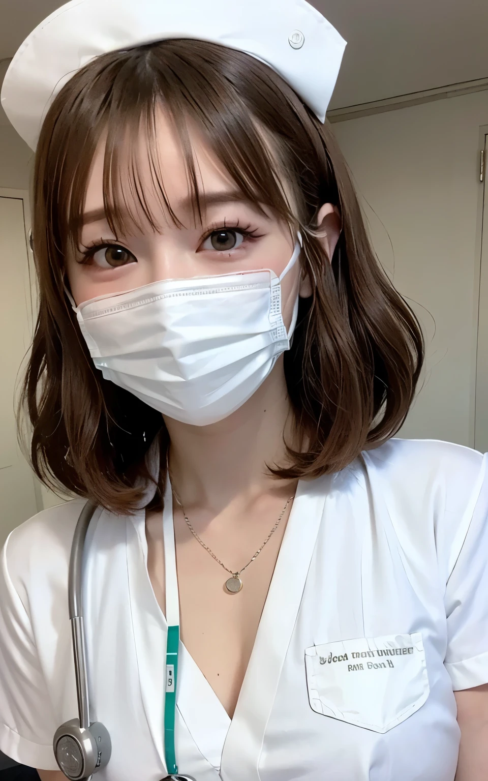 1 girl,(Wearing white nurse clothes:1.2),(RAW Photos, highest quality), (Realistic, photo-Realistic:1.4), masterpiece, Very delicate and beautiful, Very detailed, 2k wallpaper, wonderful, finely, Very detailed CG unity 8k wallpaper, Very detailed, High resolution, Soft Light, Beautiful detailed girl, Very detailed eyes and face, Beautiful and detailed nose, finely beautiful eyes, nurse, Perfect Anatomy, Black Hair, Upstyle, nurse uniform, ((mask)), Long skirt, nurse, White costume, thin, hospital, clear, White Uniform, hospital room, Neck auscultation,Bobcut