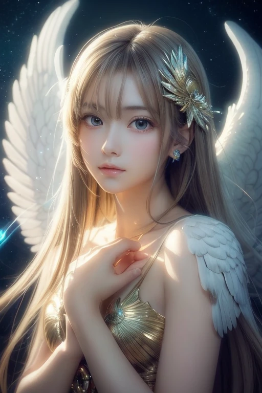 Anime Style, (Surrealist:1.2), beautiful, Master Parts, highest quality, Highly detailed face, Perfect lighting, Nice hands, Perfect Arms, An angel shining with a sacred and heavenly splendor, (Heavenly Being:1.2), (Calm expression), (Majestic Wings), (Mysterious glow:1.1), (Peaceful and comfortable), (Superb beauty), (God&#39;s Grace), (A symbol of purity), (Golden Halo), (An uplifting atmosphere), (Kingdom of Heaven), (Spiritual Lighting), (Soft and protective), (Illumination light:1.2), (Angelic figures), (Harmony and tranquility), (Angel Robe), (Timeless and heavenly), (Captivating aura), (Healing and guidance)
