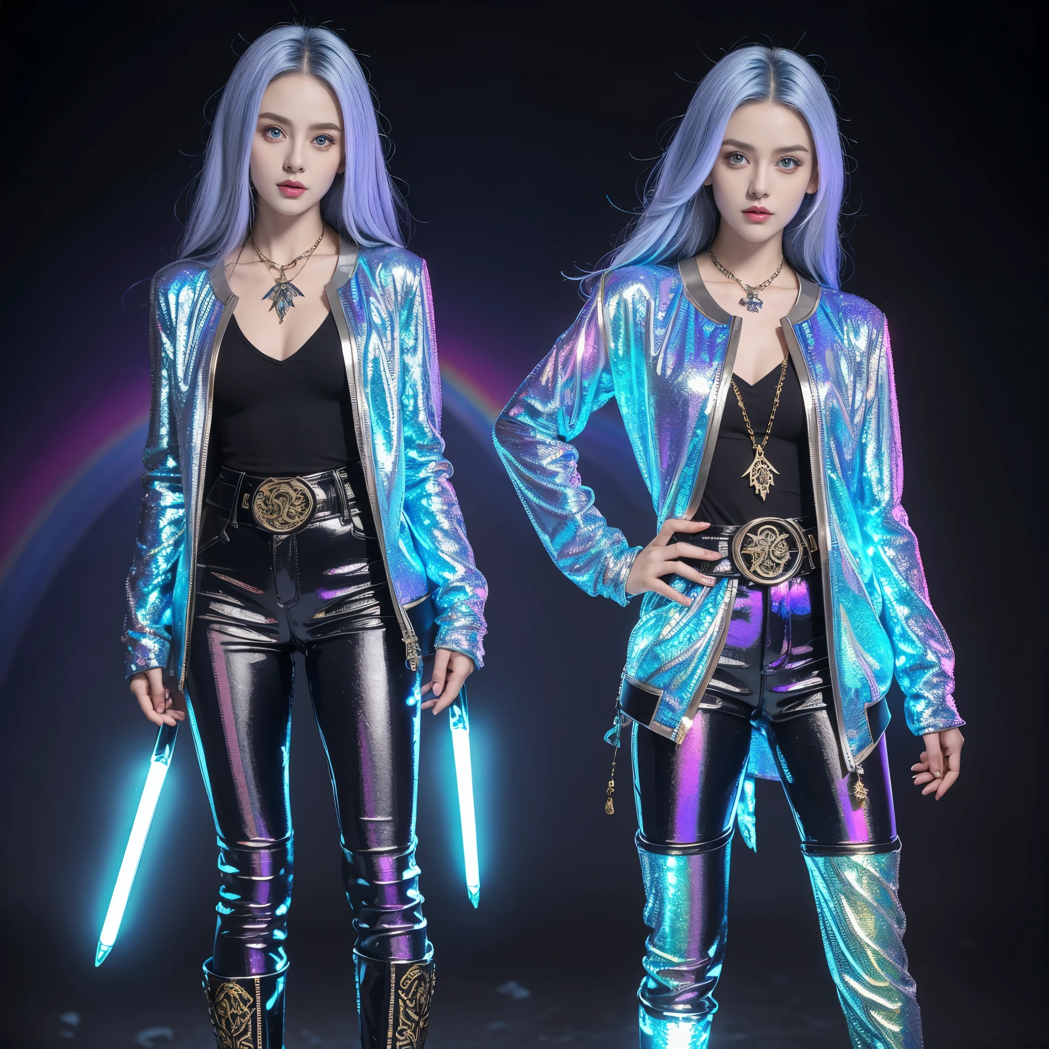 Rebellious European Girl,Silver hair,Blue luster,Violet eyes,Street style,Fantasy elements,Rainbow fabric,Bodysuit,Gold pattern,Ancient runes,Holographic bomber jacket,Metal nails,Gemstone pattern,thigh-high boots,Metallic silver,Glowing blue decoration,Mystic Potion,amulet,belt,Fingerless gloves,Glowing Rune,Necklace,Glowing crystal pendant,Holographic backpack,Mysterious symbols,Combination of tradition and fantasy,Unique temperament,Anatomically correct,Textured Skin,Standing in front of a graffiti style background,Add whimsy to the scene,To enhance the sharpness and modernity of the scene,Sharp lines,Bold brushstroke numbers