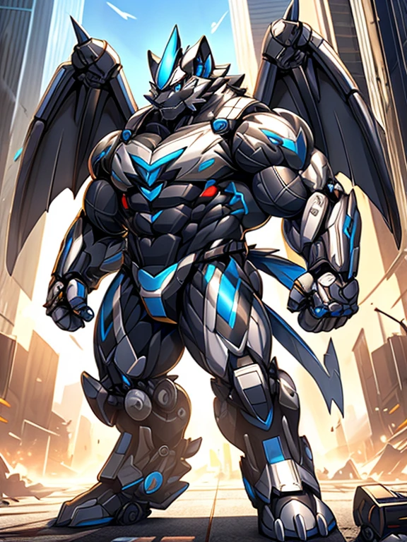 Massive mechanical zeraora rampage through a city, crushing buildings and vehicles beneath their unstoppable metal frames, masterpiece, official art, 8k, best quality, highly detailed, terrifying and imposing design, 
high-tech bio-mecha armor, metallic, real texture material, (ZERAORA, 8K), (gigantic muscles, Gigachad Muscular, big muscle, pecs, triceps, traps, unusually developed muscular body, body full of huge muscles. showing off muscles, pectorales enormes, Exaggeratedly huge muscles.),(Spread wings, It has wings, have big wings, golden wings), (whole body shines like metal, Wearing cyberpunk mecha, emphasizes the muscles, suit fully made of metal, intricate armor, Robotic suit, suit fully made of metal, cyborg),