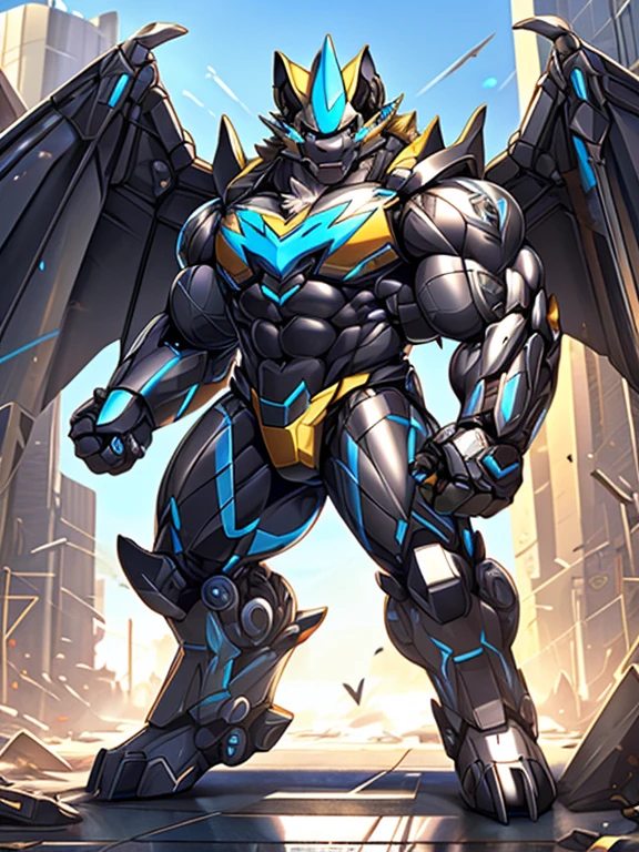 Massive mechanical zeraora rampage through a city, crushing buildings and vehicles beneath their unstoppable metal frames, masterpiece, official art, 8k, best quality, highly detailed, terrifying and imposing design, 
high-tech bio-mecha armor, metallic, real texture material, (ZERAORA, 8K), (gigantic muscles, Gigachad Muscular, big muscle, pecs, triceps, traps, unusually developed muscular body, body full of huge muscles. showing off muscles, pectorales enormes, Exaggeratedly huge muscles.),(Spread wings, It has wings, have big wings, golden wings), (whole body shines like metal, Wearing cyberpunk mecha, emphasizes the muscles, suit fully made of metal, intricate armor, Robotic suit, suit fully made of metal, cyborg),