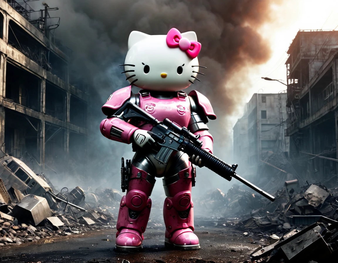 High Resolution, High Quality , Masterpiece. Hello Kitty clad in "Brotherhood of Steel" power armor, anime-style realism meets post-apocalypse aesthetic, recognizable pink bow, gripping a firearm with a fierce countenance beside an omnipresent, confusing wasteland, scars of battle etched upon the armor, intricacy elevated to a masterpiece, ambiance of a Steven Spielberg epic, 4K resolution, sharp focus on character, diodes emitting light amid smoke and gorgeous. ultra fine, brilliance of the stance against an inspired backdrop