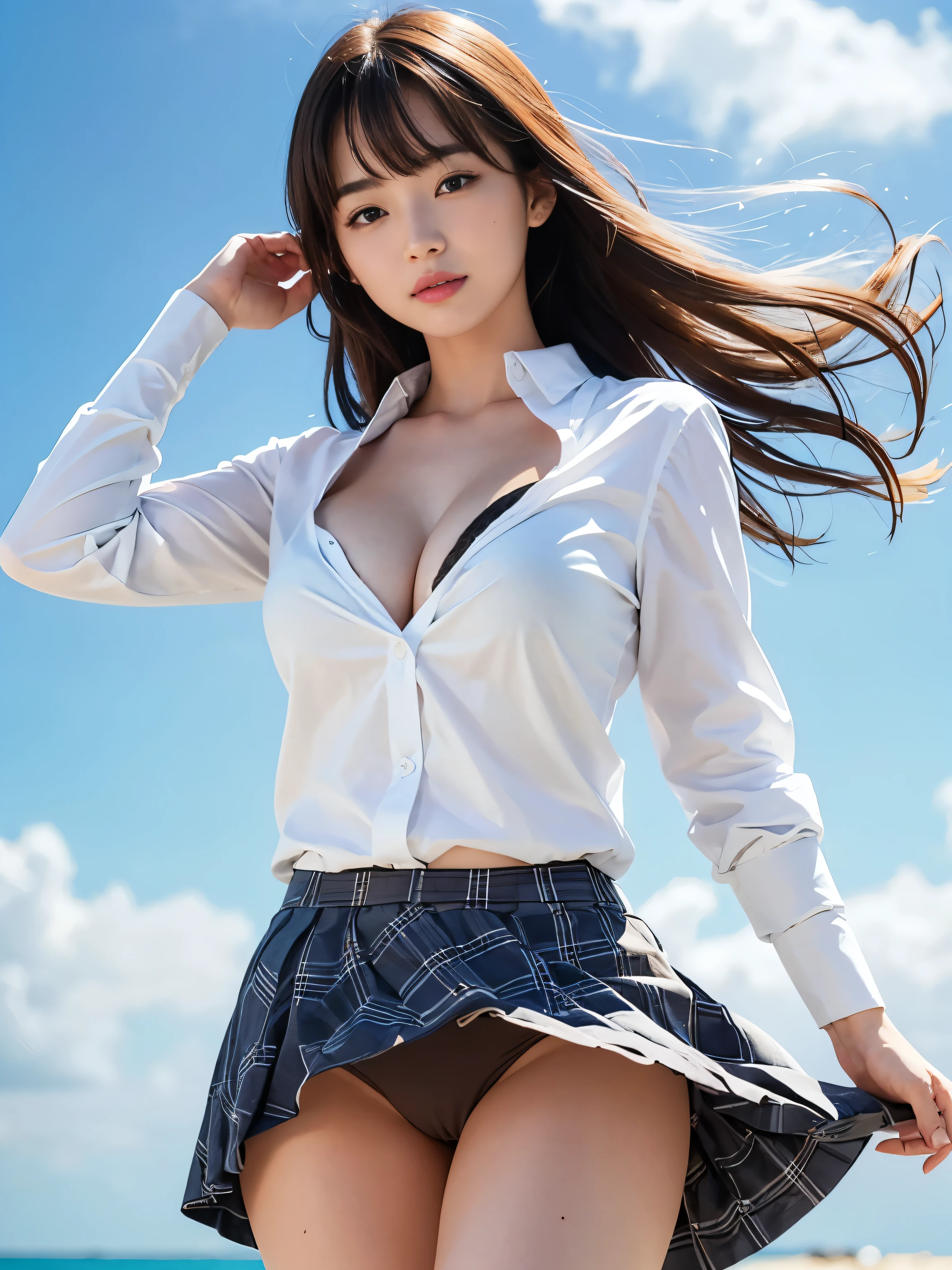 ultra highres,(reality: 1.4),highest quality, masterpiece, high detail, 16K quality, beautiful, 1 beautiful girl,japanese,super beautiful face,,japanese idol face,cute face,super detailed face,detailed hand,beautiful skin,sweaty skin,big eyes,big smile,profeccional lighting,medium hair, black hair,brown beautiful eyes, white shirt,cleavage,brown checked skirt,standing,skirt lift,((wind lift:1.3)),(((show off panties))),((white panty)),medium breasts,she is looking at the camera,beach,blue sky, beautiful blue ocean,nsfw,from below,