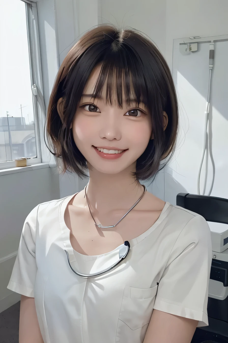 205 ((short hair)), 20-year-old female, Surrealism, Flower Smile、Gums are visible、Beautiful teeth alignment、Black Hair、ear piercing、Necklace around the neck、White、Stethoscope、Smiling with teeth showing、The background is in the room、