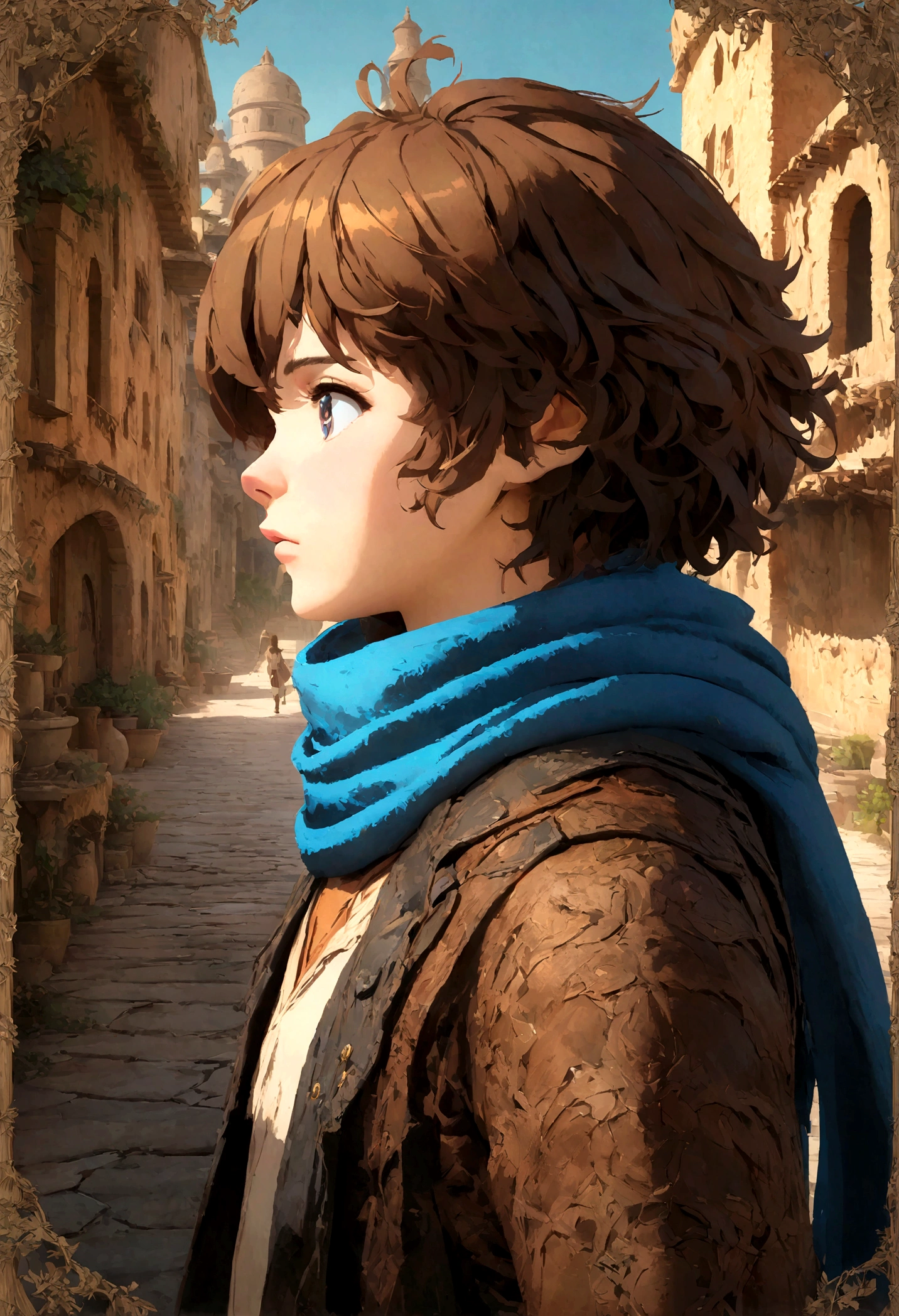 Anime boy with blue scarf and brown hair, 2. 5D CGI Anime Fantasy Art, for real, Digital Animation Art, Detailed Digital Animation Art, Hero 2d Doujin Art Collection, Premium Digital Animation Art, artger Details, Profile picture 1024px, Fantasy style anime, High quality anime digital art, 4k comics wallpaper, 8K, best quality, masterpiece: 1.2, Pixel avatar style,