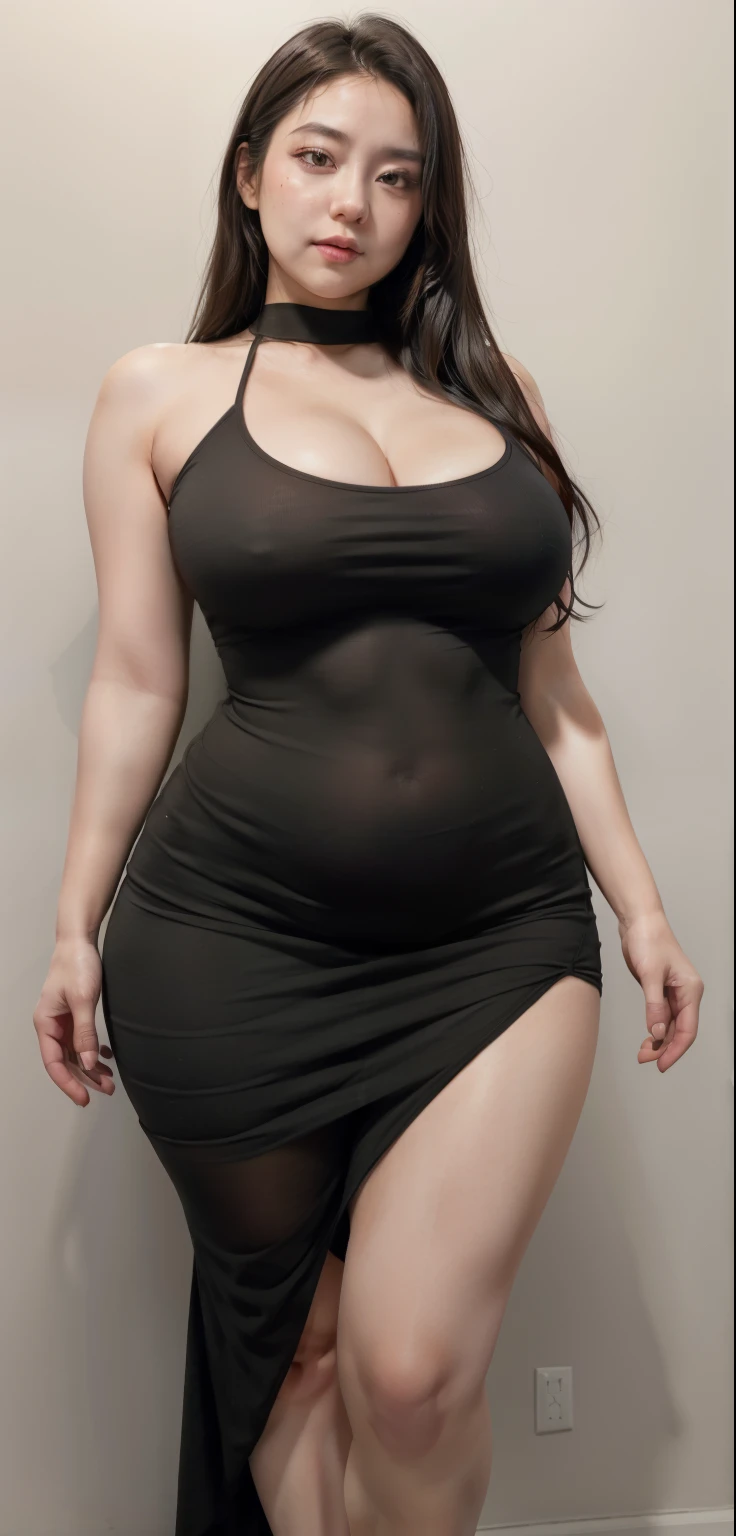 a woman in a long dress posing for a picture, curvy hourglass figure, wearing tight simple clothes, good hips and long legs, curvy model, very sexy outfit, perfectly proportioned, thick legs, thick body, seductively looking in front, massive legs towering over you, tight attire, thicc, wide hips, widest hips, full body, chubby cheeks, mature face