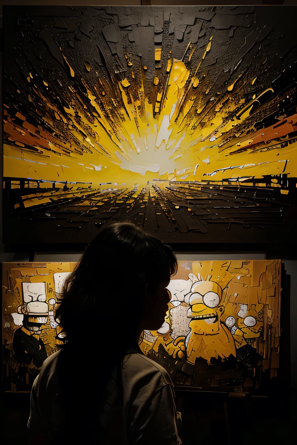 The simpsons comics, black background, oil painting, rough stroke, line graphic, geomatric, generate an image with the rich texture and thick brushstrokes characteristic of an oil painting. Emphasize the thick brushstrokes spread across the entire canvas, blending of colors, and the play of shadows