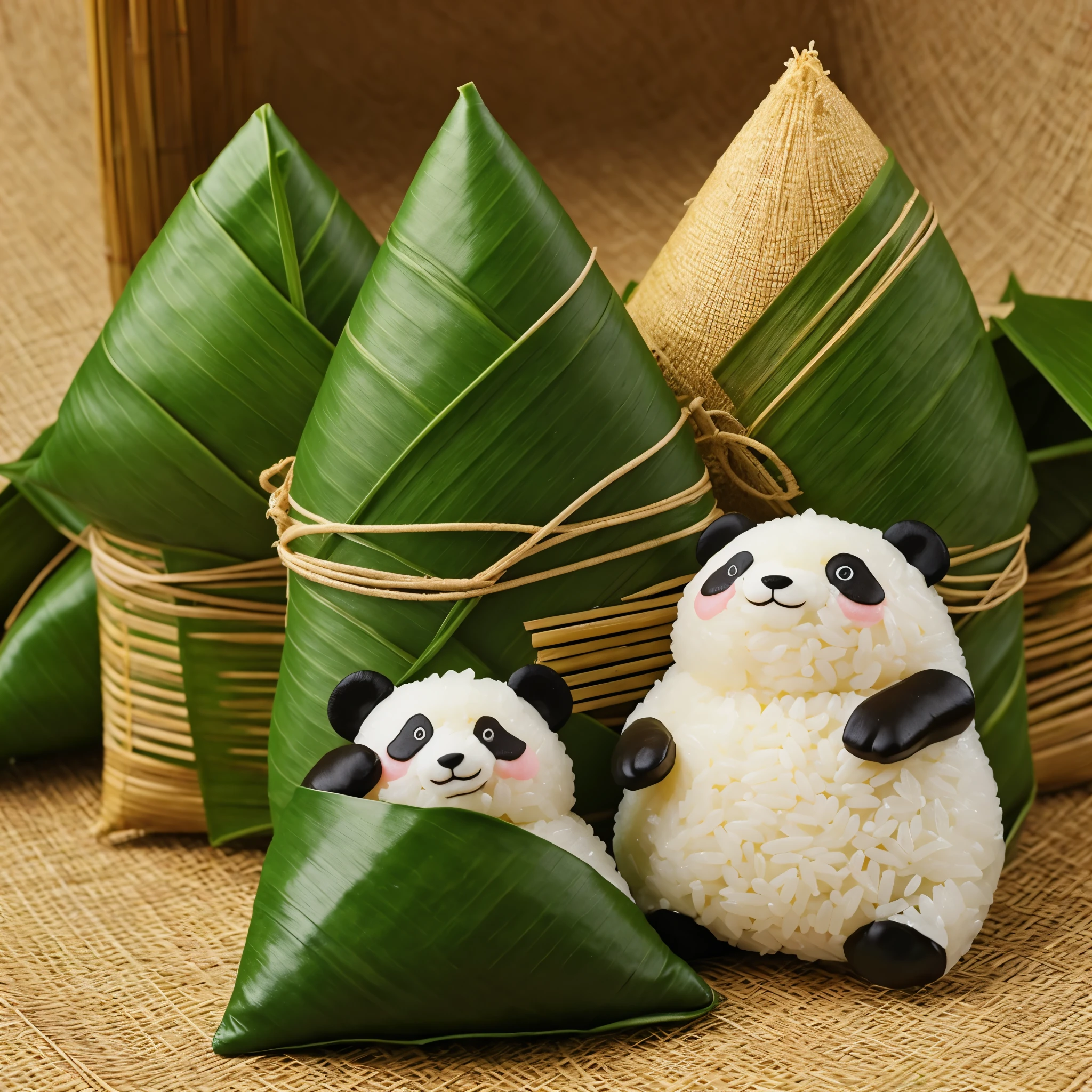 A panda-shaped rice dumpling，Made of glutinous rice，Cute expression，The lower body is wrapped in zong leaves，Head sticking out of the bamboo leaves，Equally spaced，Cartoon Style，Studio light，Bold colors --v 6 --ar 3:4