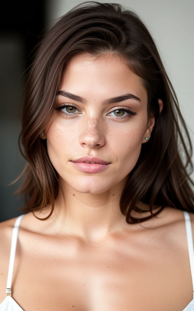 jolie belle brune, Brazilian, Face avant, Angle parfait, 23 ans, visage affectueux, cheveux long , yeux noisette, high resolution, masterpiece, Best quality, Details complexes, very detailed, Sharpness, texture de peau réaliste, detailed eyes, professionnel, 4k, shot with Canon, 85mm,faible profondeur de champ, Kodak Vision Couleur, eye shadow, Extremely detailed, photo_\(ultra\), photoRealistic, Realistic, Post-traitement, maximum detail, roughness, vrai vie, ultra Realistic, photorealism, la photographie, 8K UHD, la photographie, belle poitrine, freckles,
