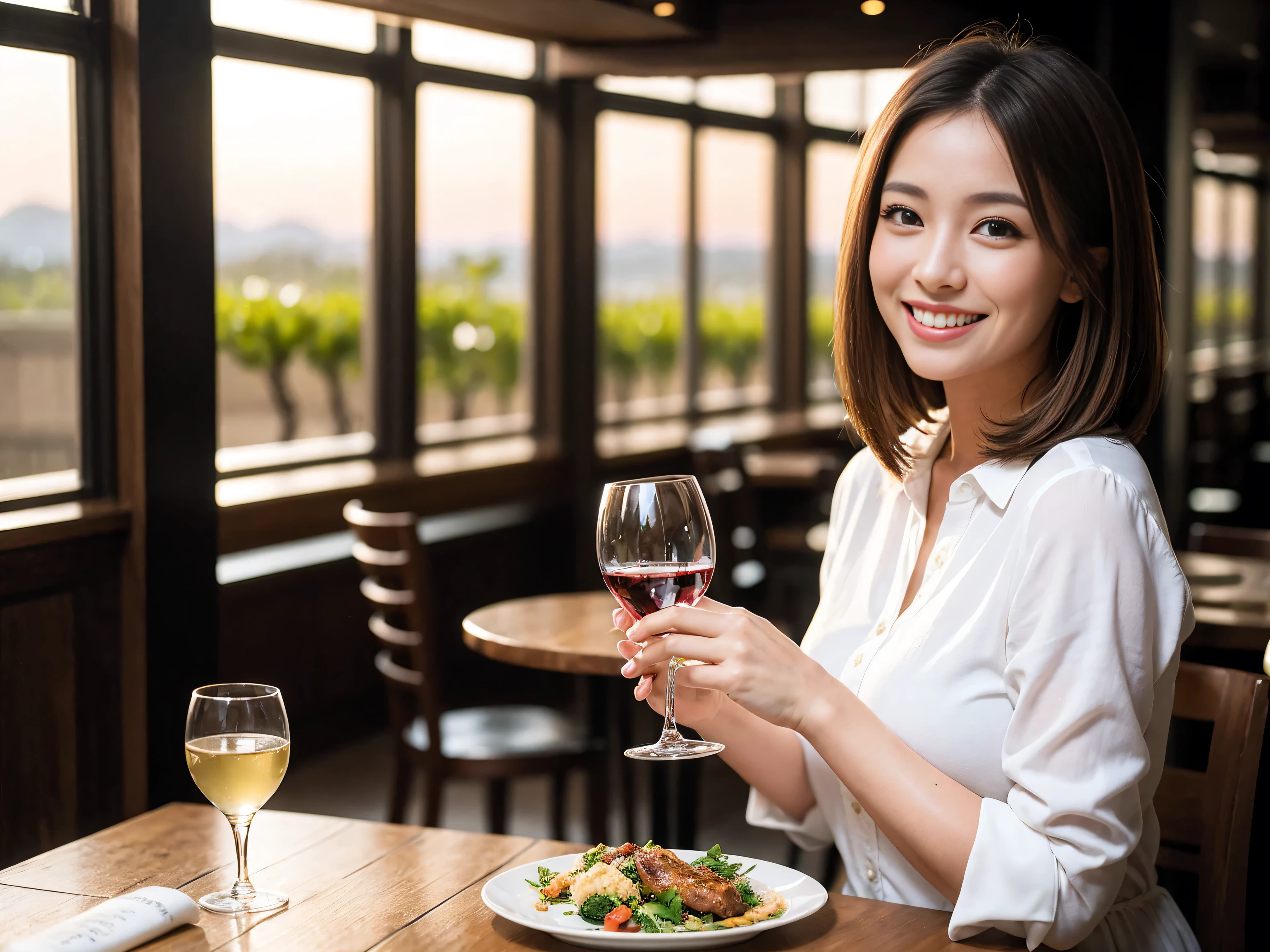 ((highest quality、8k、masterpiece:1.3))、1 male、1 woman who resembles Satomi Ishihara、Couple、Spouse、Couple、The body is slim、((Bob Hale、Straight hair:1.2)), (Realistic, Intricate details:1.2), Wine glass on the table、Put the light on your face、 Amazing view of the sunset sky and clouds、Amazing mountain views、A bright smile、The wonderfulness of smile、Bright image、The beauty of wine, Beautiful Face, blue eyes, The light shines on your face, Blushing, short hair,Bright Face、 (36 years old), 39 years old, red wine 、Appetizers、Italian food、Wine bottle、Champagne、sparkling wine、Two beauties、Brown Hair、Shortcuts、Long sleeve shirt、dress、Pretty Woman 1, (Slim face), (The body is slim), (Brown Hair), (Shortcuts), cheeks turn a little red,Attractive beauty、restaurant, In a prominent place (From the waist up) Nova Frog Style, actress, model, Upper Body, White wine, slim, wine glass, A wine glass placed in the center, smile, (smile: 1.15), Beautiful fine grain, Depth f/2,saturation, High Contrast, Strong light and shadow,Moist Body:1.5、3D texture、Delicate eyes、Brown Hair、The hair is very shiny、