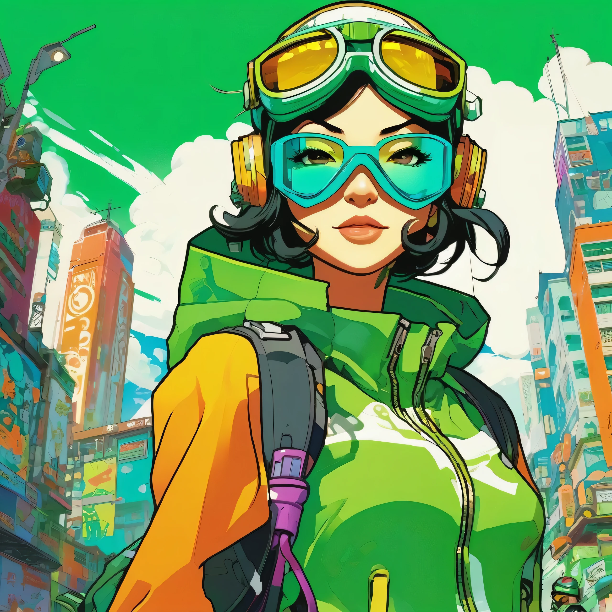 woman in a green dress and goggles, holding aerosol can, jet set radio artwork, style of jet set radio, by Yoshihiko Wada, jet set radio, by Akihiko Yoshida, artstyle : ilya kuvshinov, jet set radio future, cityscape in background 