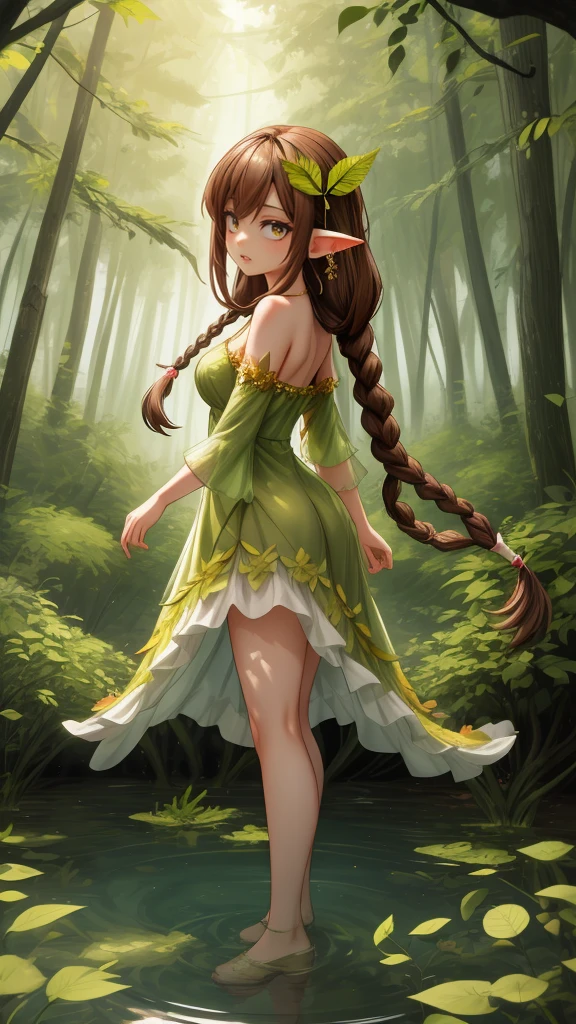 Create a mystic Fairy wearing long brown dreadlock style hair, wearing green leaf dress, she standing in water and in her Background are Fire and trees